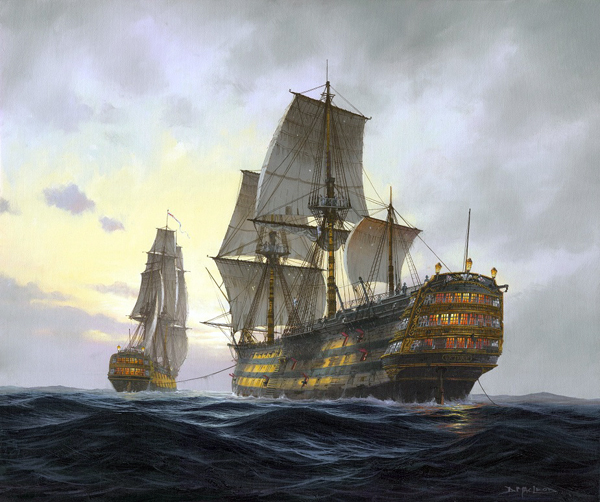 HMS Victory On Tow.   Maritime Art By St Ives Artist Donald MacLeod