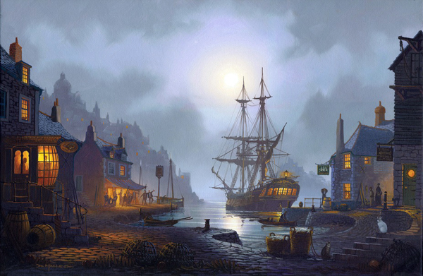 Moonlight Harbour A painting by St Ives Artist Donald MacLeod Maritime Art
