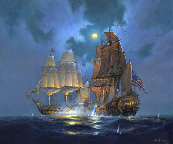 Bonhomme Richard and HMS Serapis.  A painting by St Ives Artist Donald MacLeod Maritime Art